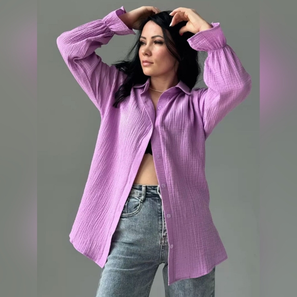 Textured Collared Neck Flounce Sleeve Button Down Shirt - Picture 2 of 6